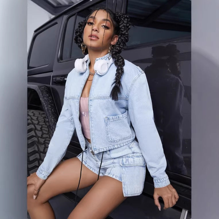 Women's short denim set with cropped jacket and cargo shorts Amarae