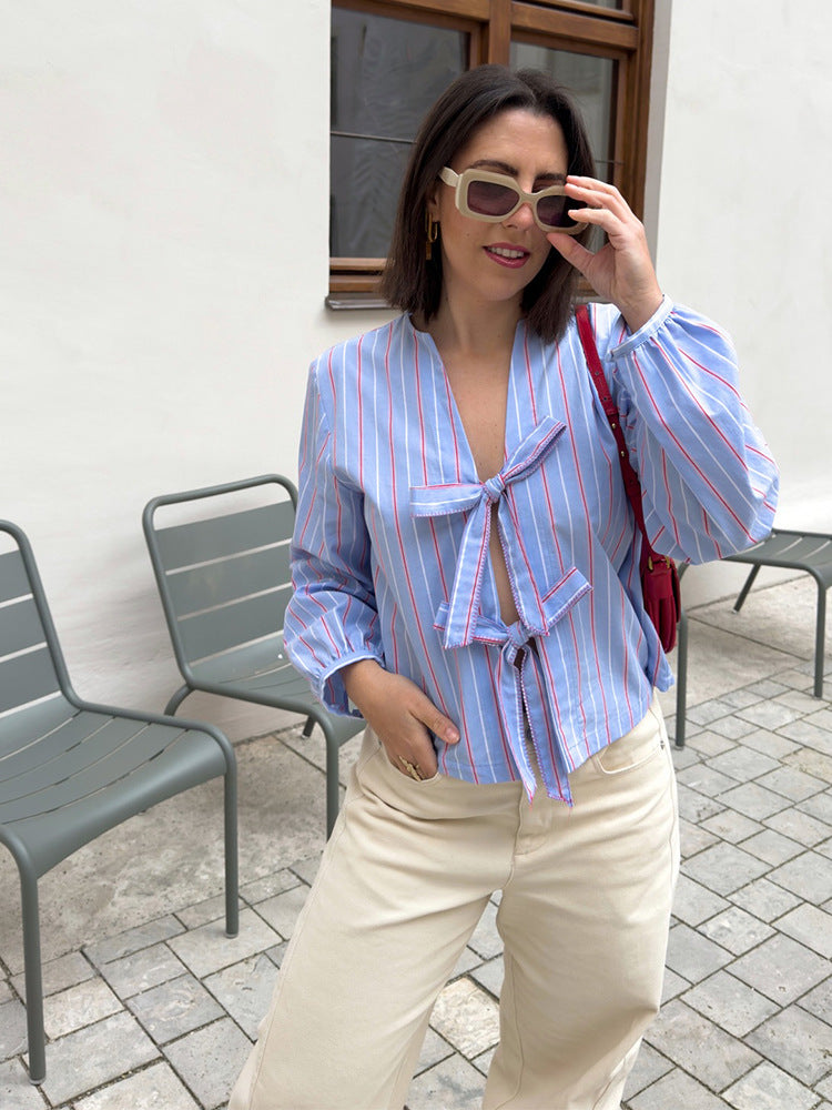 Women's Striped Tie Blouse with Bow Front, V-Neck & Balloon Sleeves Amarae
