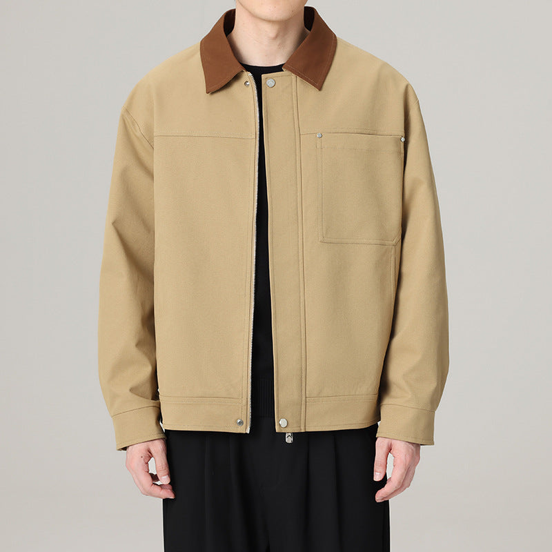 Men's short jacket in workwear look with contrast collar, concealed zipper, and chest pocket Amarae