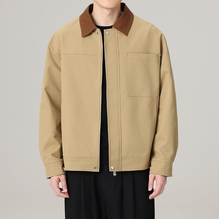 Men's short jacket in workwear look with contrast collar, concealed zipper, and chest pocket Amarae