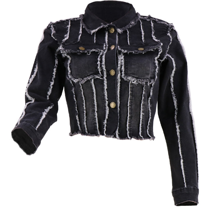 Cropped denim jacket for women with frayed details and trendy contrasting seams Lune London