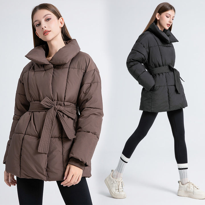 Ladies comfortable and elegant down jacket with belt and high collar Amarae
