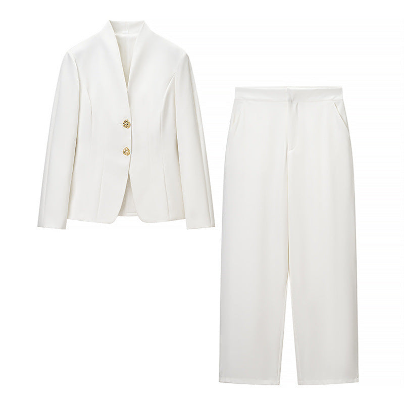 Women's Two-Piece Tailored Suit Set with Stand Collar, Shaping Jacket and Wide Palazzo Pants Amarae