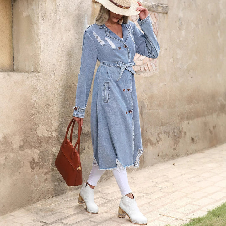 Women's Long Denim Trench Coat with Distressed Hem and Double-Breasted Button Placket Amarae