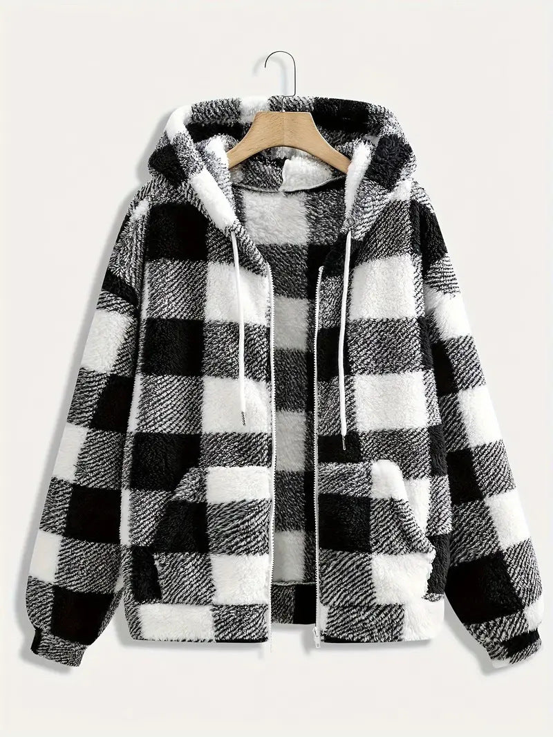 Lune London Women's Hooded Plush Jacket with Plaid Pattern