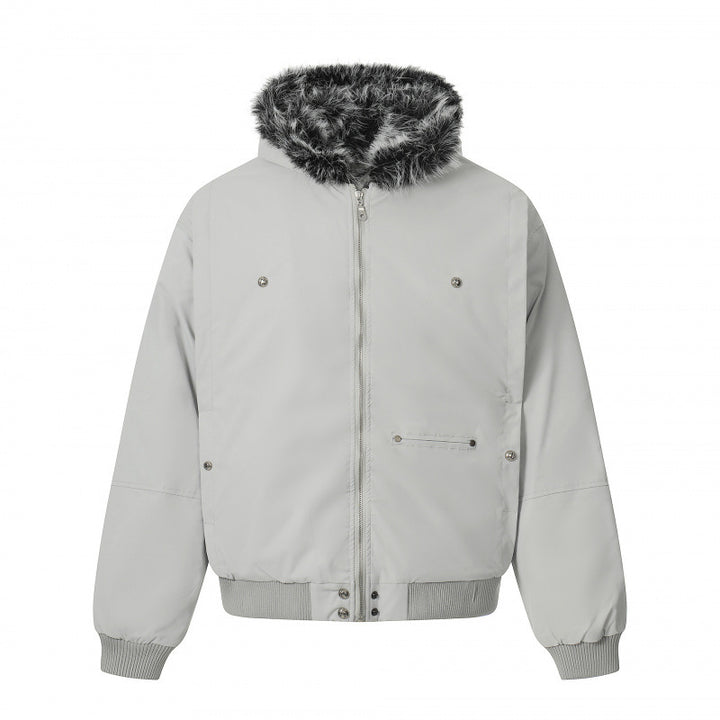 Unisex Short Boxy Bomber Jacket with Faux Fur Hood, Windproof Shell and Thermal Insulation Amarae