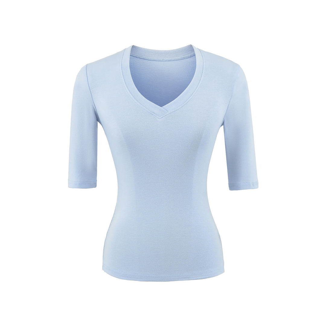 Women's Fitted V-Neck Three-Quarter Sleeve Fine Rib Top made of Stretch Jersey Amarae