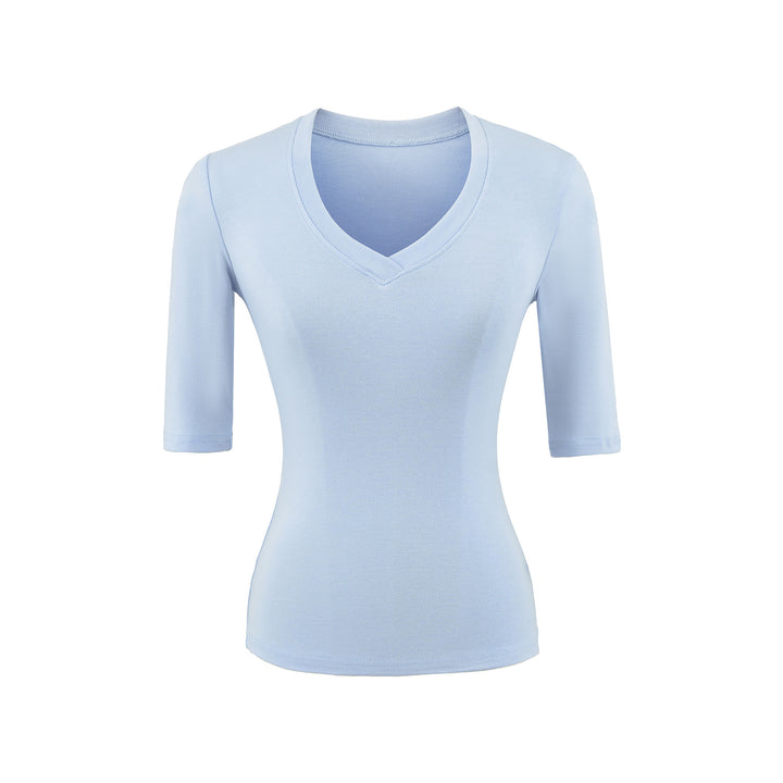 Women's Fitted V-Neck Three-Quarter Sleeve Fine Rib Top made of Stretch Jersey Amarae