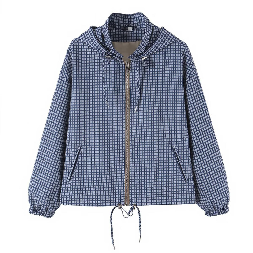 Women Lightweight Hooded Boxy Transitional Jacket with Check Grid Print, Drawstring and Elastic Cuffs Amarae