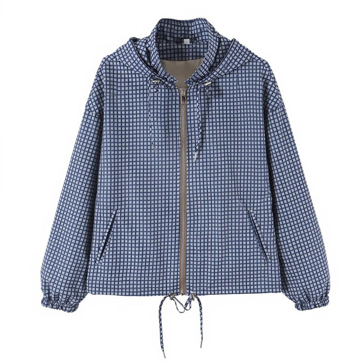 Women Lightweight Hooded Boxy Transitional Jacket with Check Grid Print, Drawstring and Elastic Cuffs Amarae