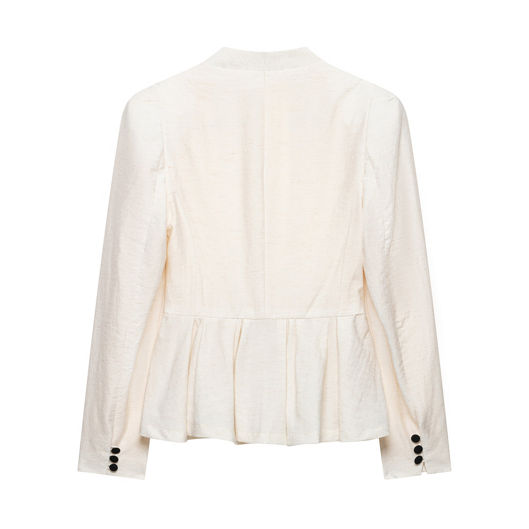 Women Tailored Blazer Jacket with Deep V-Neck, Pleated Peplum and Decorative Button Placket Amarae