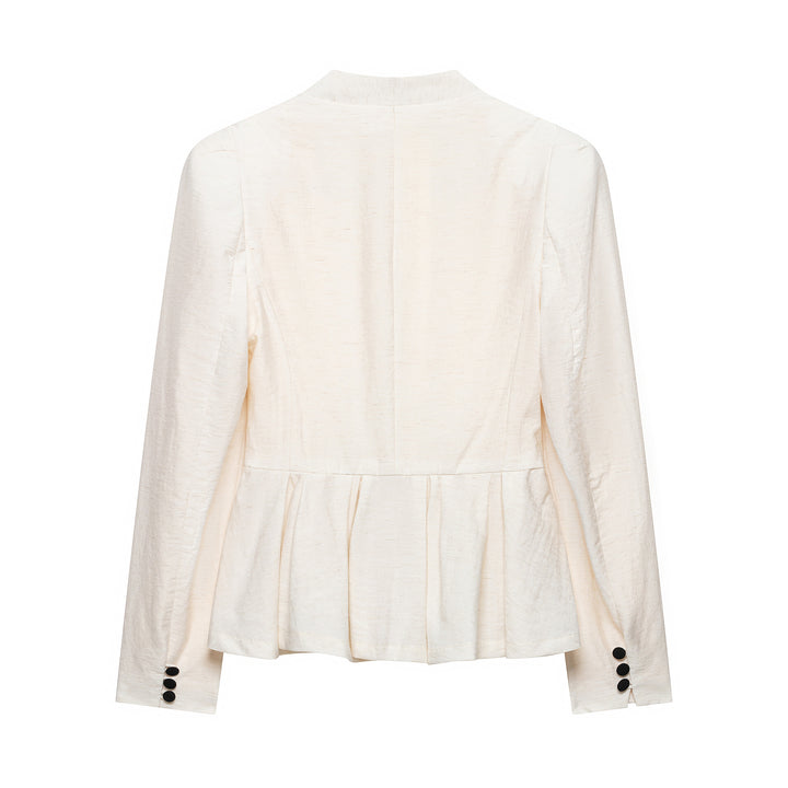 Women Tailored Blazer Jacket with Deep V-Neck, Pleated Peplum and Decorative Button Placket Amarae