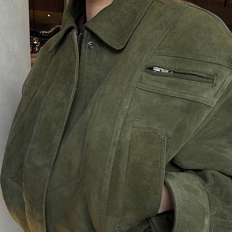 Women's Short Suede Bomber with Elastic Waist and Dropped Shoulder Amarae
