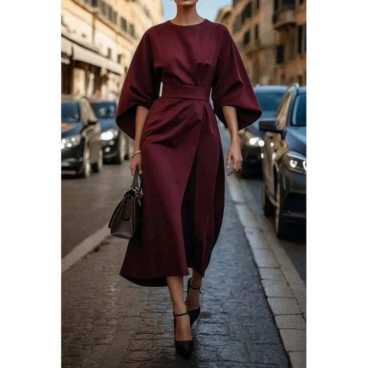 Ladies Elegant Midi Dress with Wide Kimono Sleeves and Fitted Wrap Waist Amarae