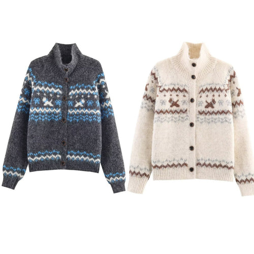 Knitted jacket for women with Norwegian pattern and high collar Amarae