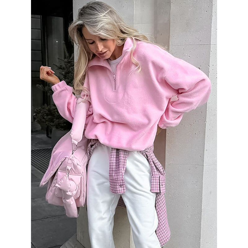 Women’s Oversized Fleece Pullover with Half Zipper and Stand-Up Collar Amarae
