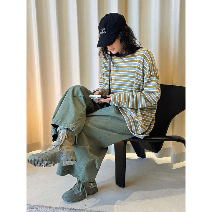 Women Striped Oversize Fine Knit Long Sleeve with Contrasting Round Neckline Amarae