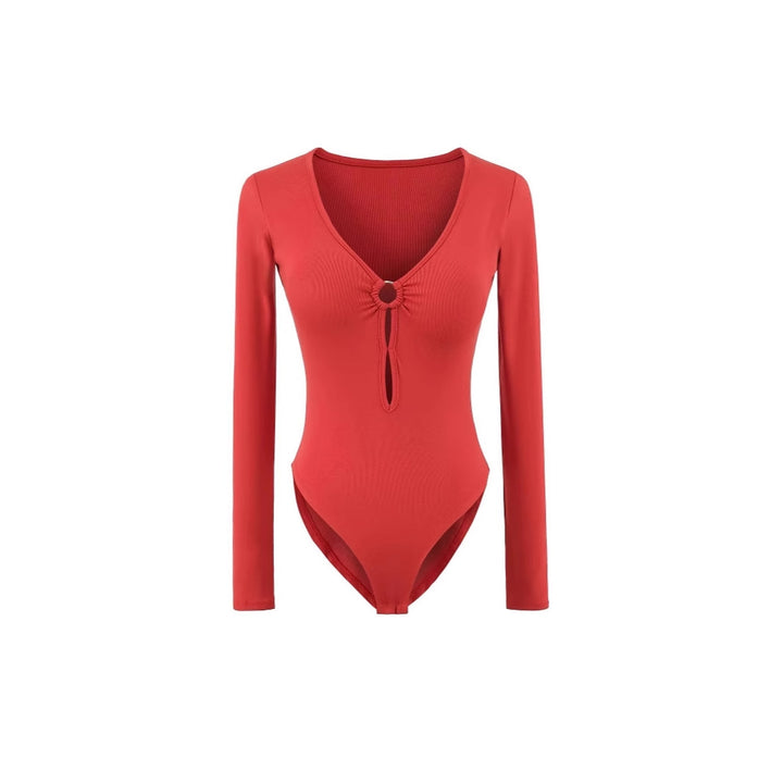 Long sleeve women's body with elegant V-neck and decorative ring detail Lune London