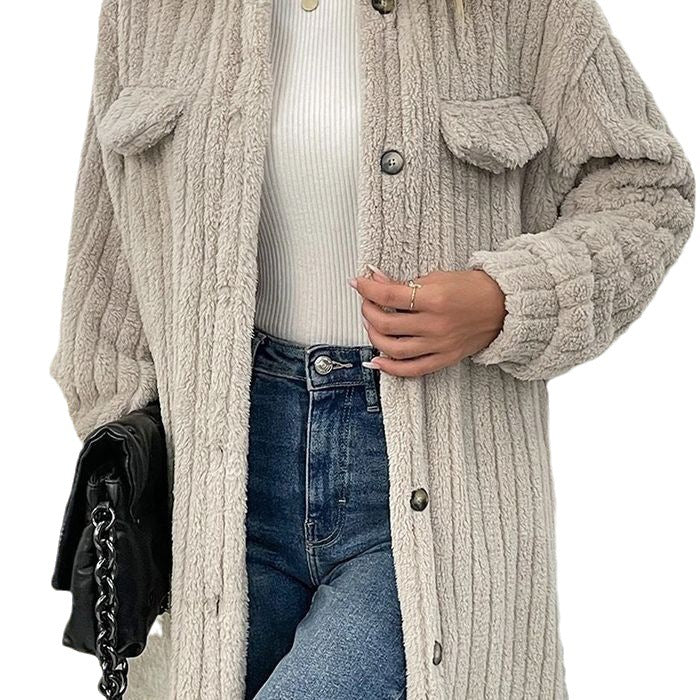 Ladies long soft coat with textured design and patch pockets Lune London