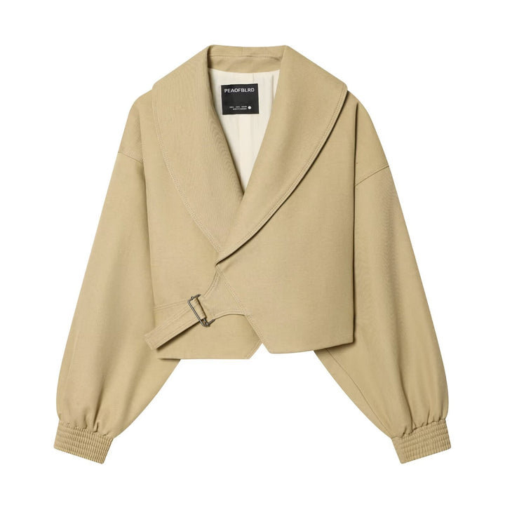 Women Cropped Trench Coat with Wide Shawl Collar, Tie Belt and Balloon Sleeves Amarae