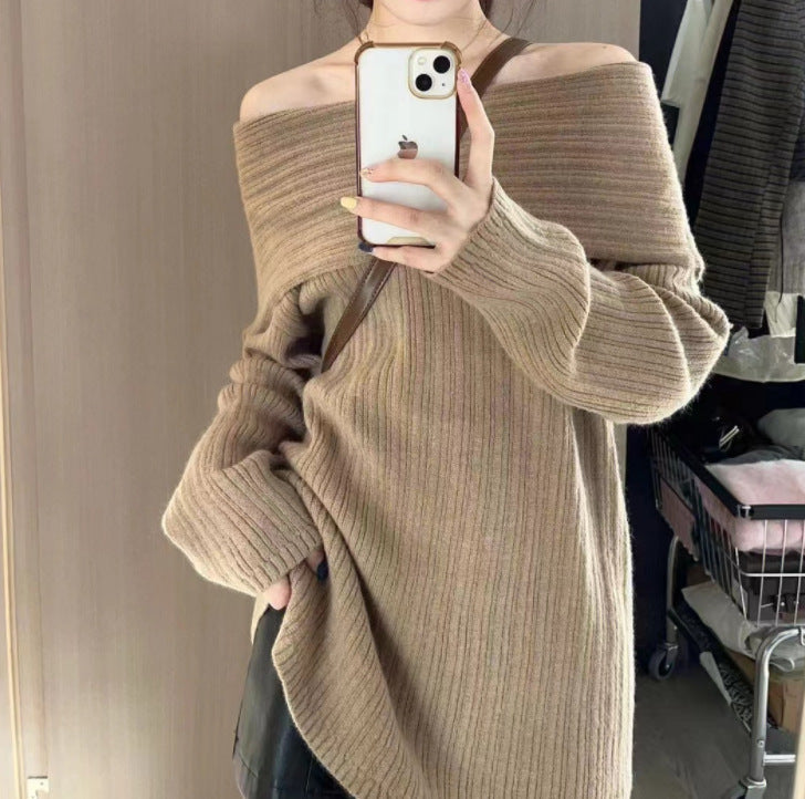 Pull surdimensionné pour femmes avec un design décontracté à épaule dénudée et une fine structure côtelée Chic & Stil