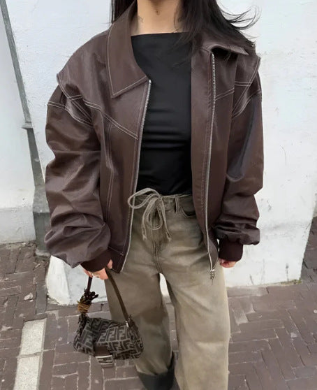Ladies Trendy Synthetic Leather Jacket with Elastic Cuffs and Practical Pockets Lune London