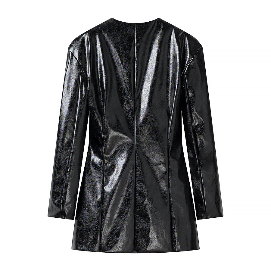 Women Short Faux Patent Leather Skirt with Straight Silhouette and Center Seam Amarae