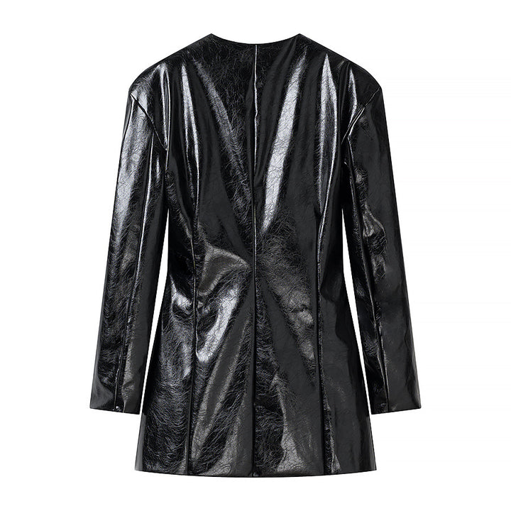 Women Short Faux Patent Leather Skirt with Straight Silhouette and Center Seam Amarae