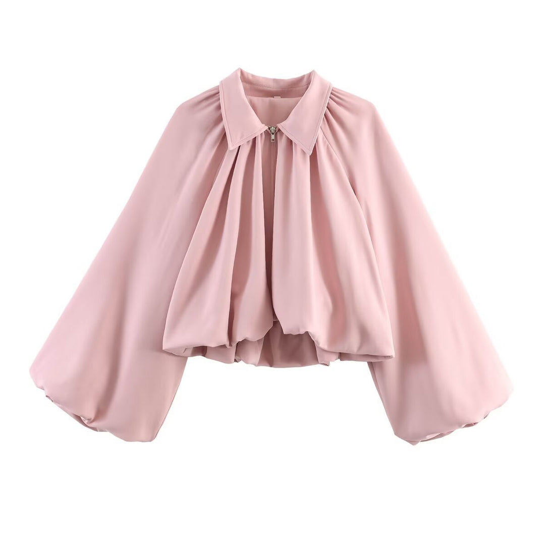 Women Short Cape Jacket with Wide Balloon Sleeves and Zipper Amarae
