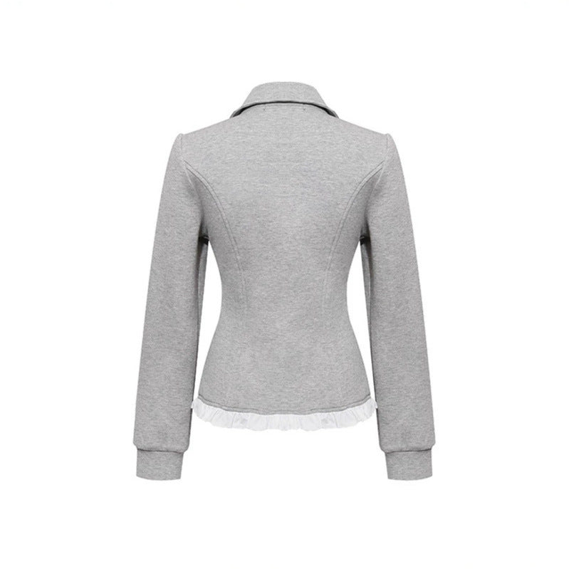Ladies Tailored Sweat Jacket in Peplum Style with Double Row and Ruffle Trim Amarae