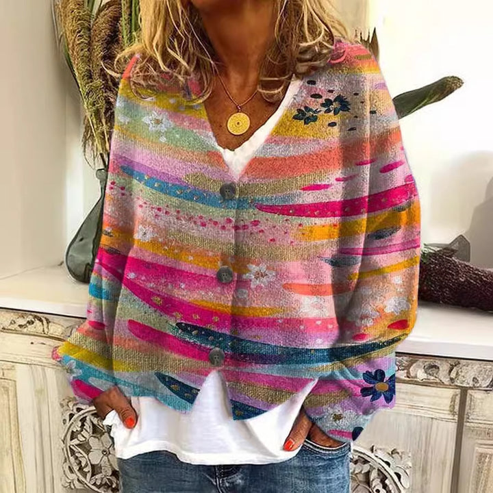 Cardigan tricoté décontracté pour femmes avec des rayures colorées et des détails de boutons Chic & Stil