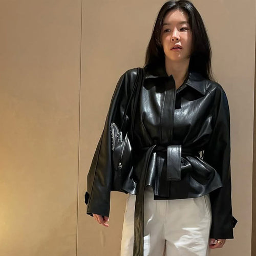 Women's Tailorable Faux Leather Jacket with Wrap Belt and Boxy Silhouette Amarae