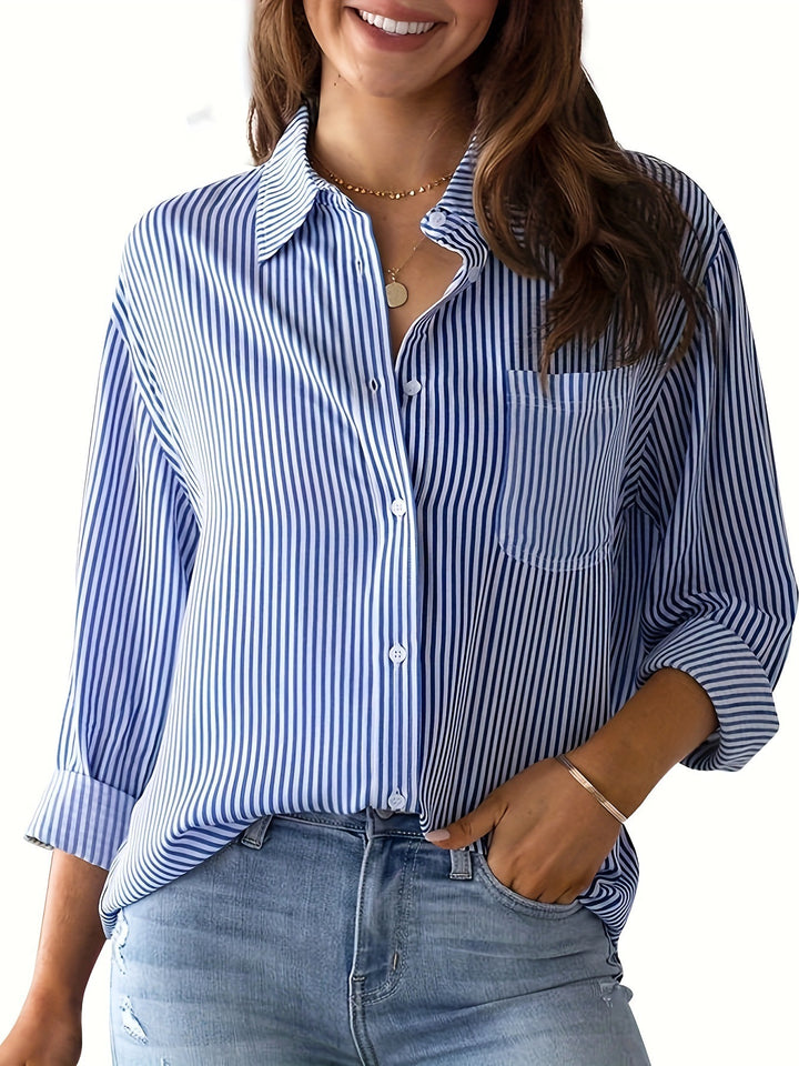 Long sleeve blouse for women with fine stripes and chest pocket Lune London