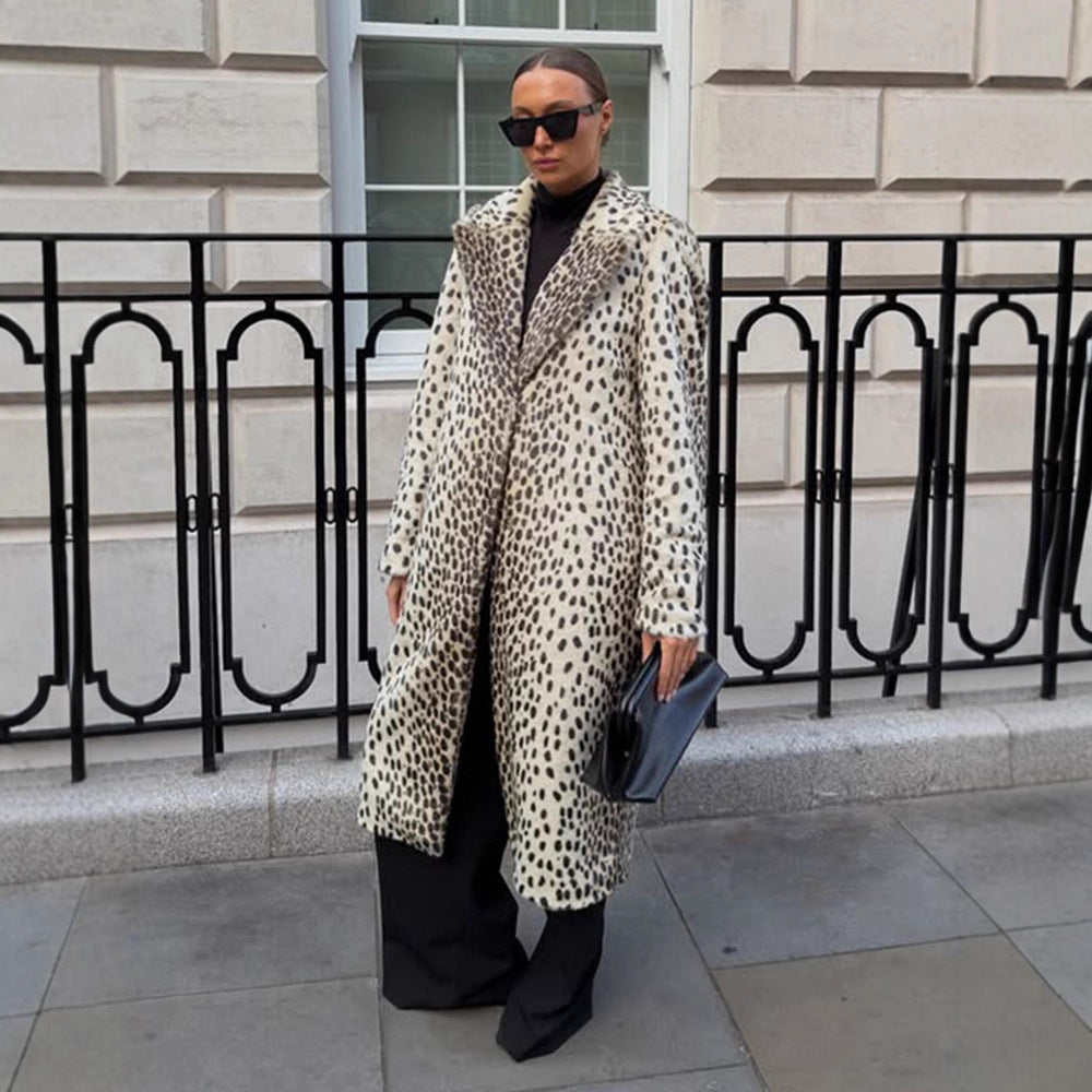 Women Mid-length Faux Fur Coat with Distinctive Spot Pattern and Lapel Collar Amarae