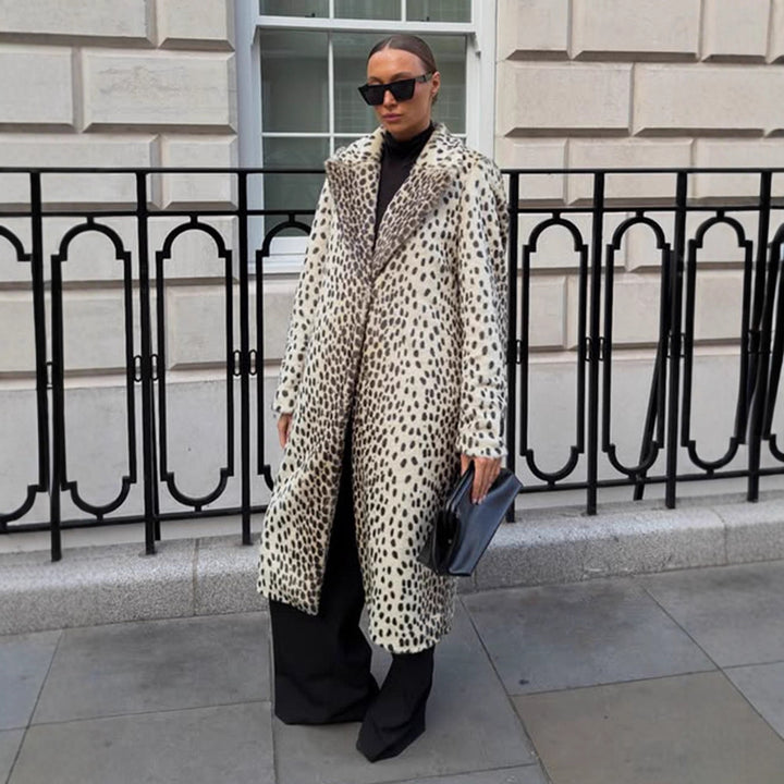 Women Mid-length Faux Fur Coat with Distinctive Spot Pattern and Lapel Collar Amarae