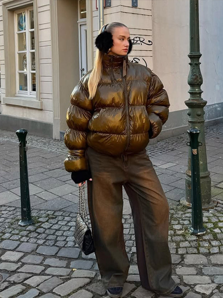 Women's Shiny Oversized Padded Jacket with Hood and High Stand-Up Collar Amarae