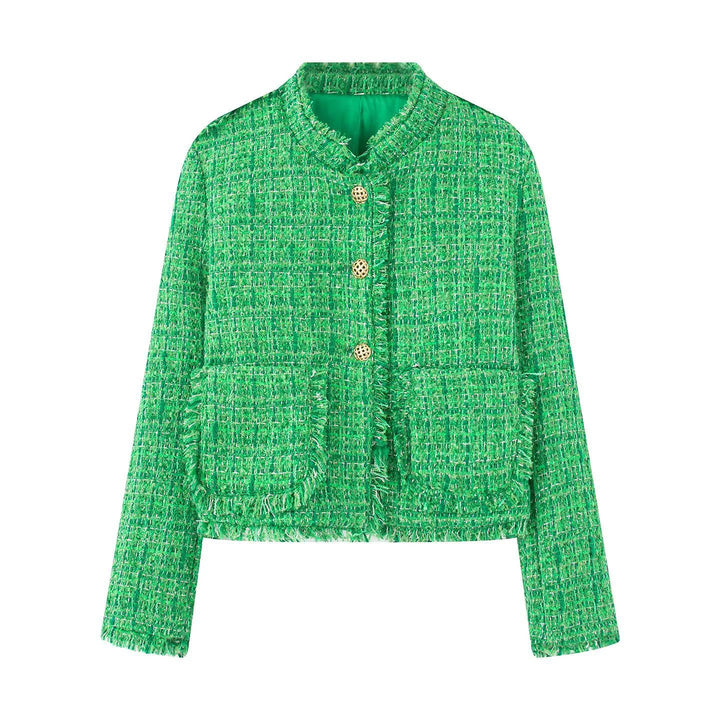 Ladies elegant short jacket in textured fabric with golden buttons Lune London