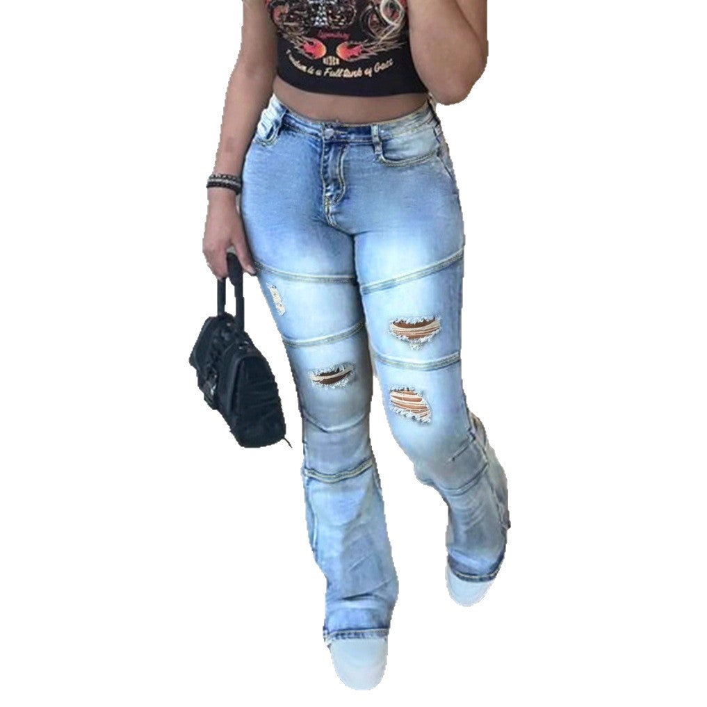 Women's jeans pants with high waist, straight leg, knee ribs and panel seams Amarae