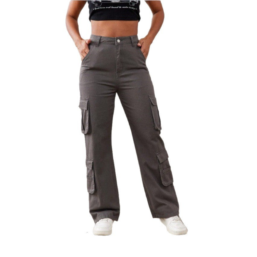 Women High-Waisted Utility Cargo Pants with Straight Leg, Multiple Flap Pockets & Adjustable Hem Amarae