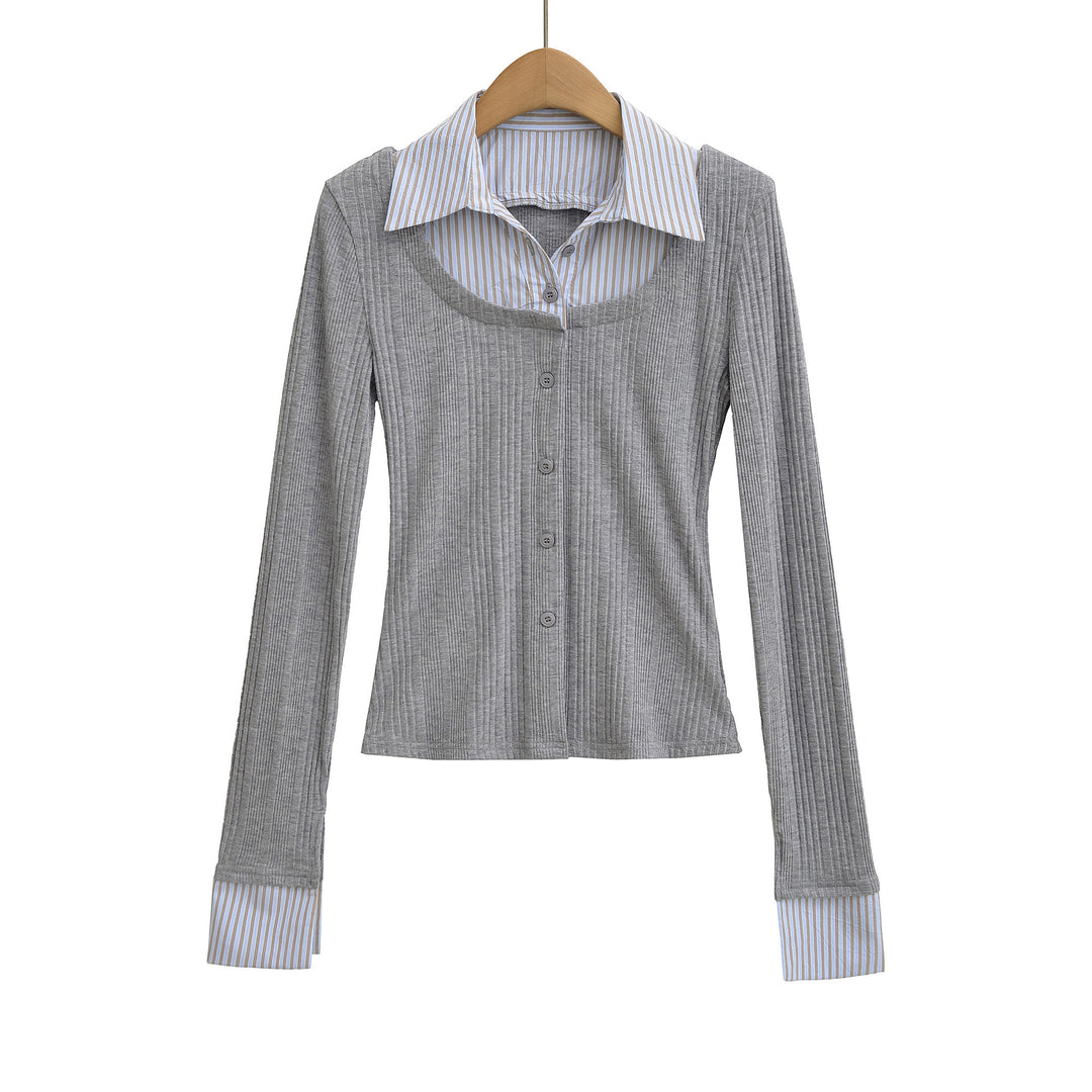 Ladies long sleeve t-shirt with elegant button placket and striped patterns Lune London