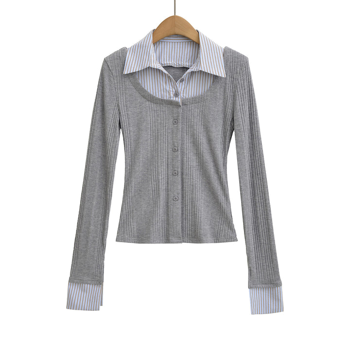 Ladies long sleeve t-shirt with elegant button placket and striped patterns Lune London