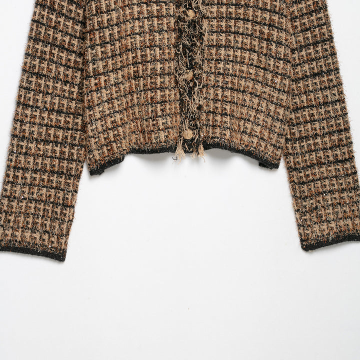 Women's Boucle-Tweed Cropped Jacket with Fringe Trim and Round Neck