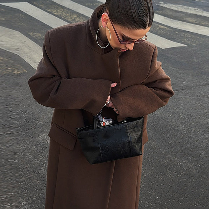 Women's Maxi-Length Wool Blend Coat with Boxy Oversized Silhouette and Distinctive Shoulders Amarae