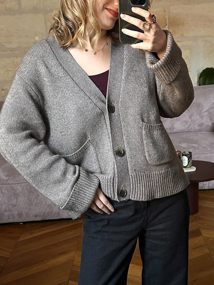 Women's Boxy Cardigan with V-Neck, Patch Pockets, and Horn Buttons Amarae