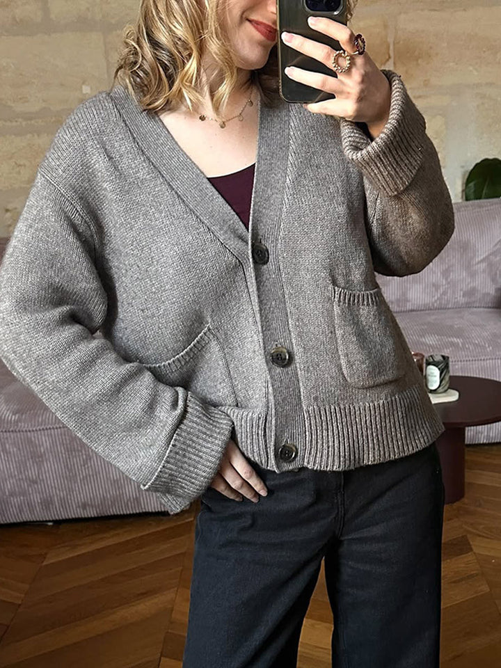 Women's Boxy Cardigan with V-Neck, Patch Pockets, and Horn Buttons Amarae