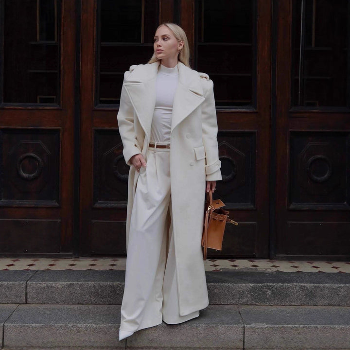 Women's Maxi Tailored Wool Blend Coat with Wrap Belt and Generous Lapel Collar Amarae