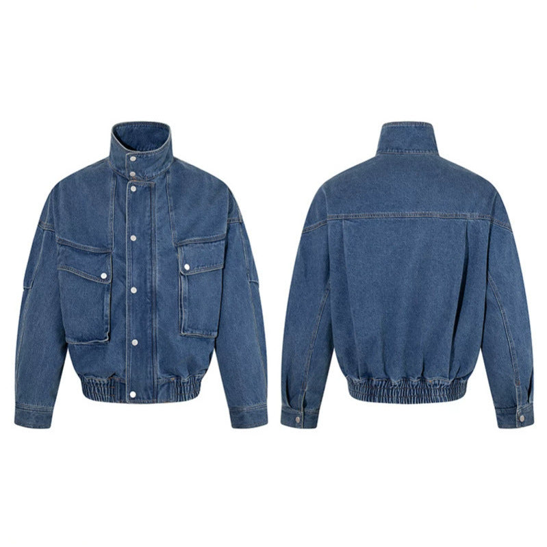 Women's Oversized Denim Jacket with Stand-up Collar, Press Stud Placket and Patch Cargo Pockets Amarae