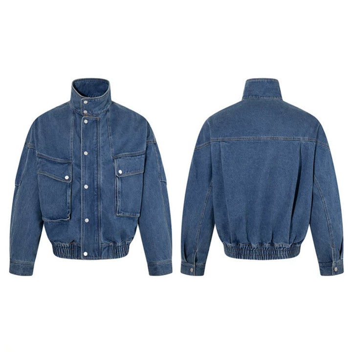 Women's Oversized Denim Jacket with Stand-up Collar, Press Stud Placket and Patch Cargo Pockets Amarae