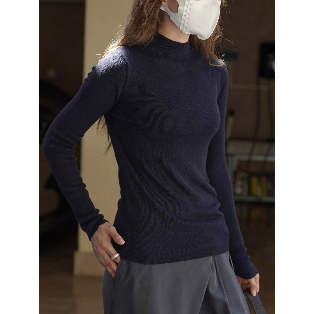 Women's Figure-Hugging Ribbed Knit Sweater with Short Stand-Up Collar and Extended Sleeves Amarae