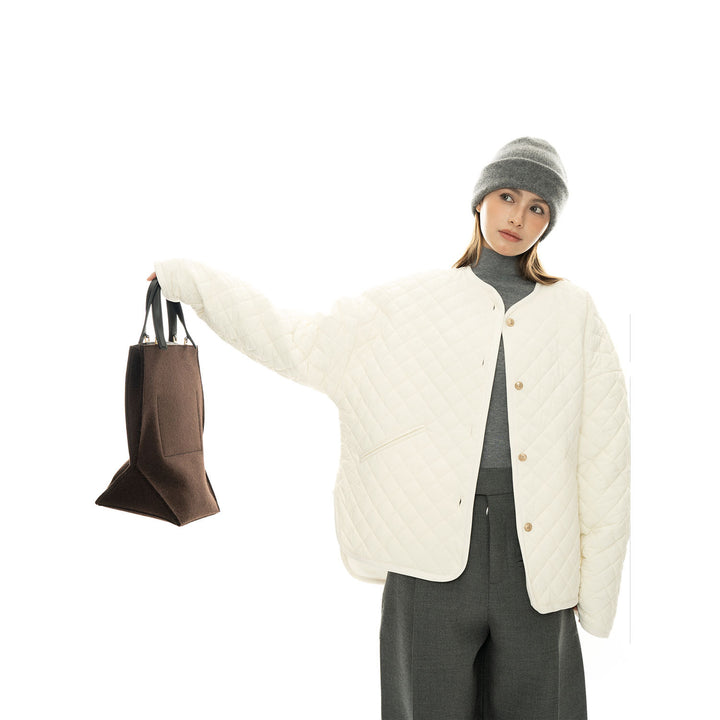 Women’s light padded oversized quilted jacket with round neckline and patch pockets Amarae